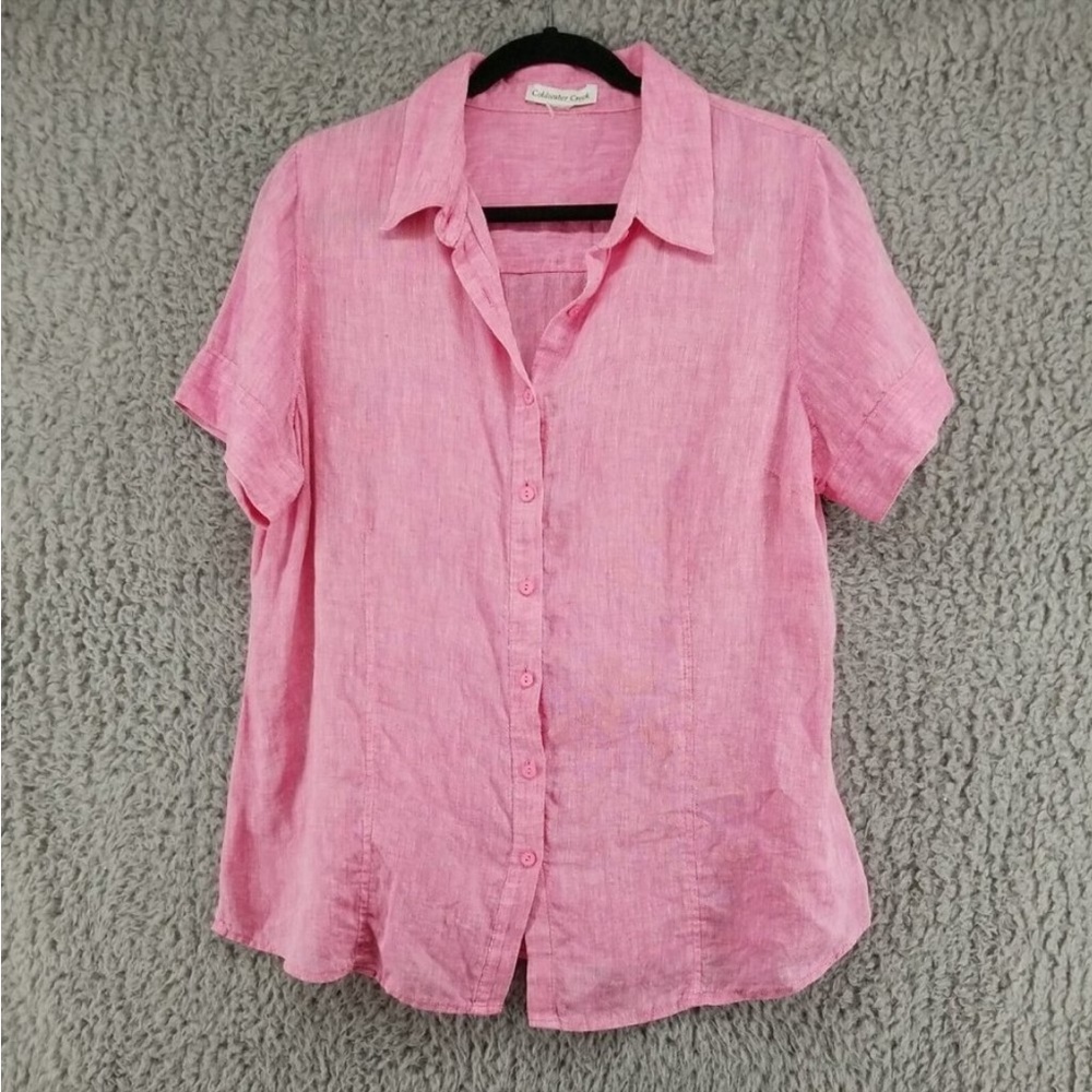 Coldwater Creek Pink Linen Button Down Short Sleeve Blouse Women's L *Read*